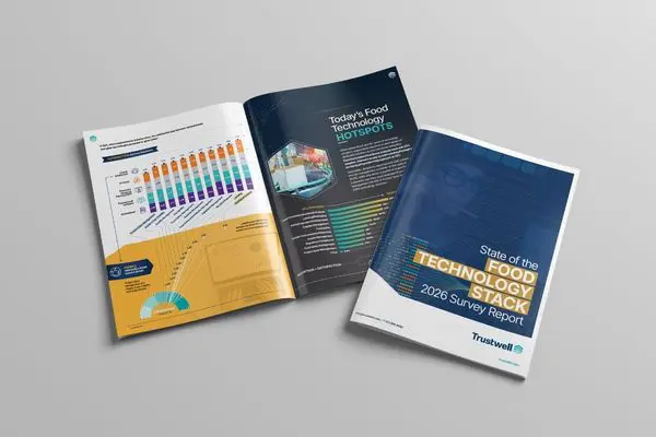 Open Trustwell report showing charts and insights from the 2026 State of the Food Technology Stack survey on food tech trends on a gray brackground