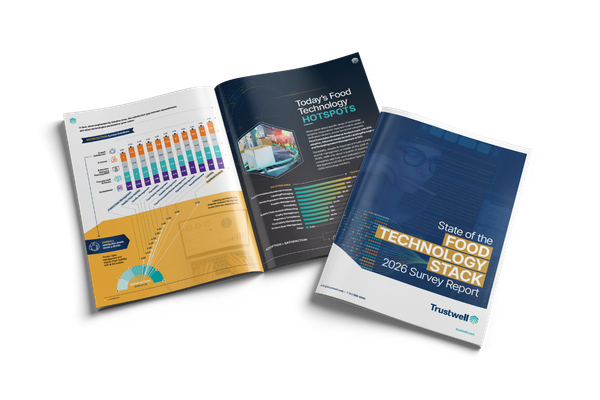 Open Trustwell report showing charts and insights from the 2026 State of the Food Technology Stack survey on food tech trends and on a gray background