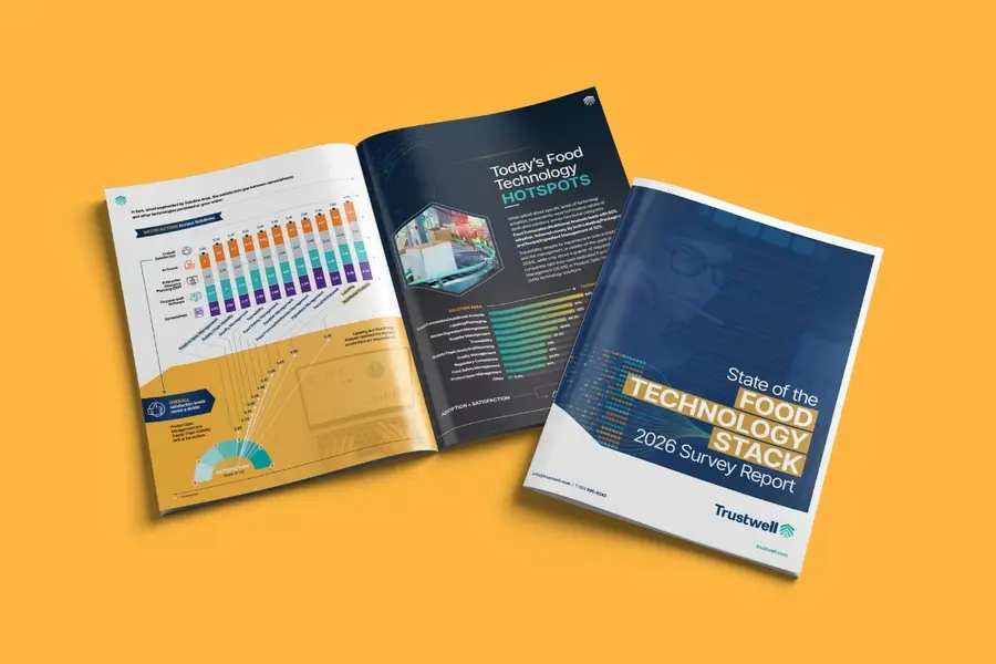 A booklet displaying the cover and interior pages of Trustwell's 2026 State of the Food Technology Stack Survey Report on yellow background