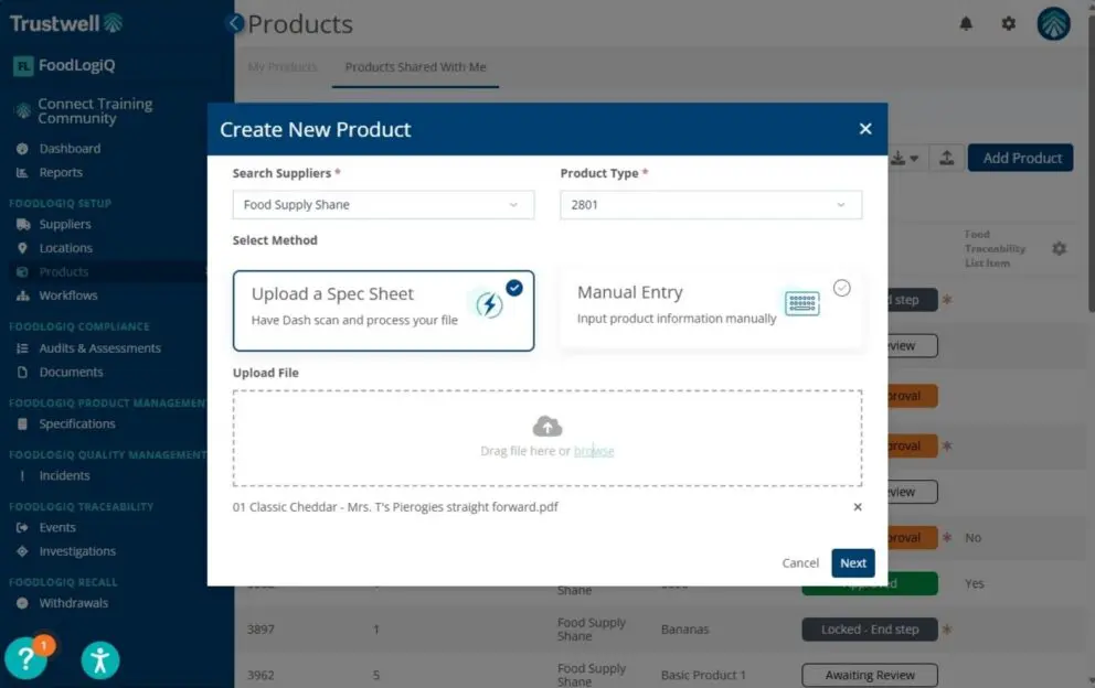 A dialog box open in FoodLogiQ that shows how Trustwell's AI parses spec sheet data automatically