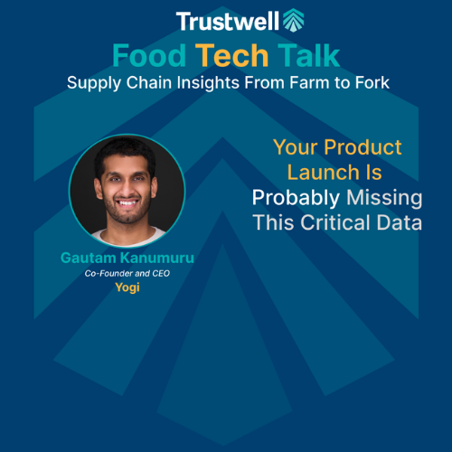 Trustwell Food Tech Talk graphic with guest headshot promoting a product launch data episode on supply chain insights.