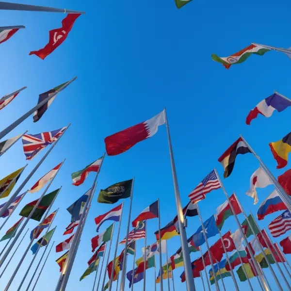 International flags from countries around the world waving on tall flagpoles against a clear blue sky.