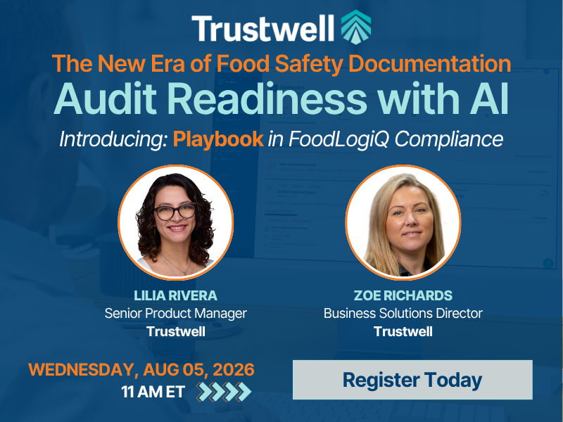 Trustwell webinar graphic for Audit Readiness with AI, featuring two speakers, August 5, 2026 at 11 AM ET, and a Register Today CTA.