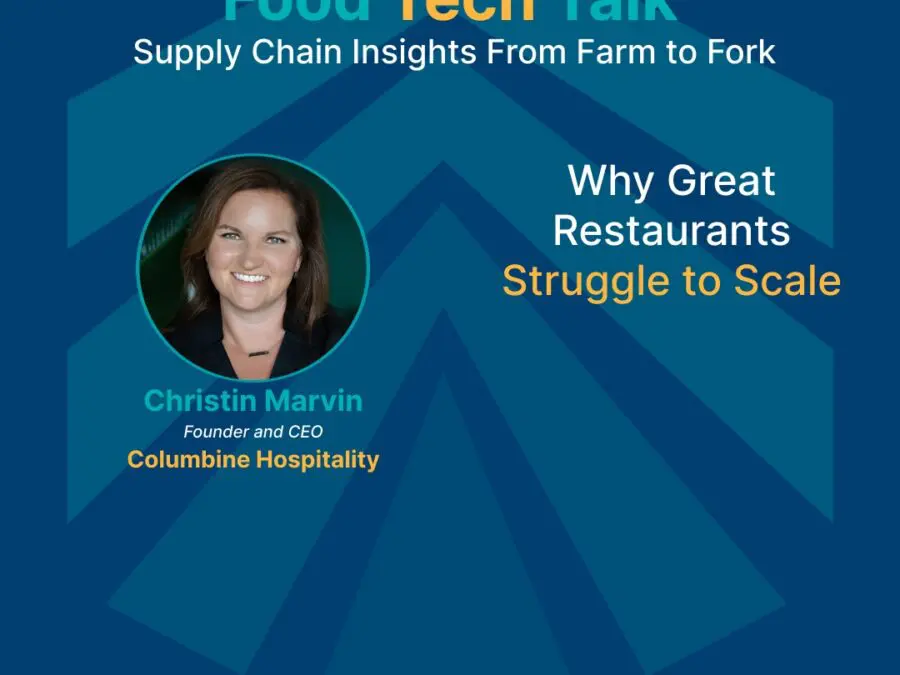 Promotional image for the Food Tech Talk podcast featuring Christin Marvin discussing why restaurants struggle to scale
