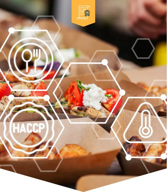 Banner with food safety icons overlaid on a closeup of food in cardboard trays