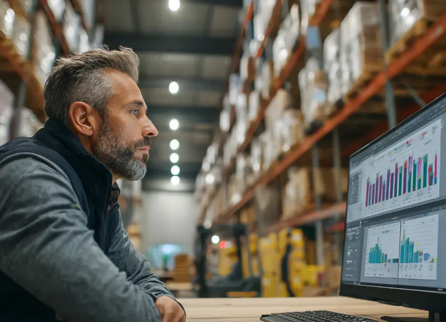 Warehouse professional reviews food supply chain risk dashboards on a computer beside stacked inventory shelves.