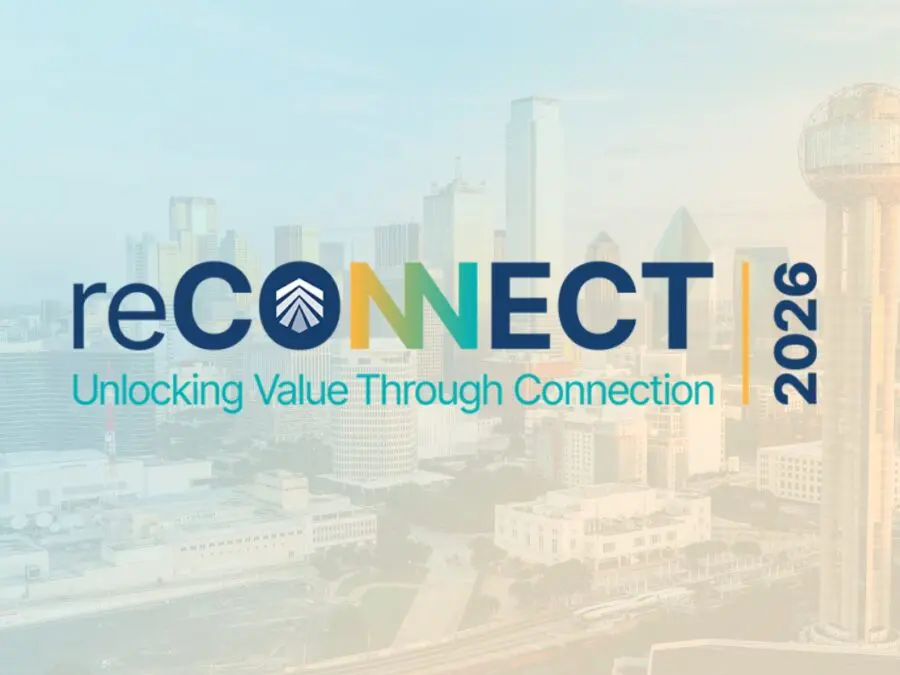 Dallas skyline with a Blue and yellow gradient overlay and Trustwell's reCONNECT logo for 2026