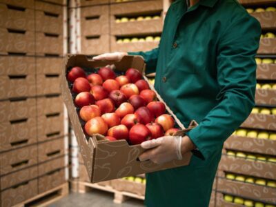 Person holding an apple crate.