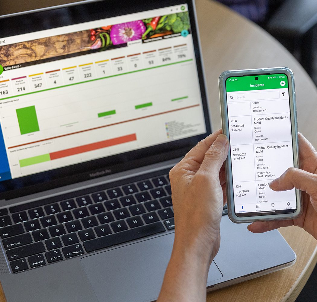 Image of the Trustwell Connect product FoodLogiQ on a laptop and mobile device.