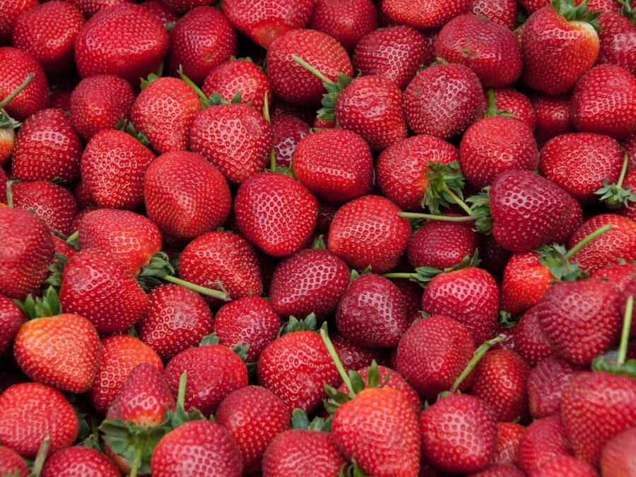 Pile of fresh, bright red strawberries with green stems
