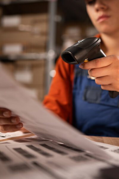 Close up of warehouse worker scanning barcodes on paper working in a large warehouse, sitting at table