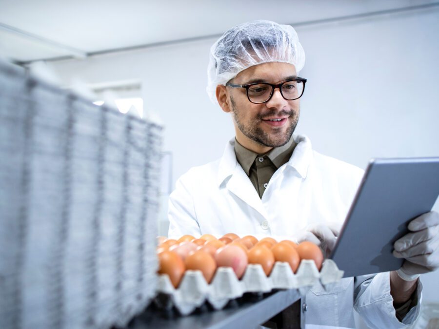 A person scans eggs and reviews documentation on their tablet.