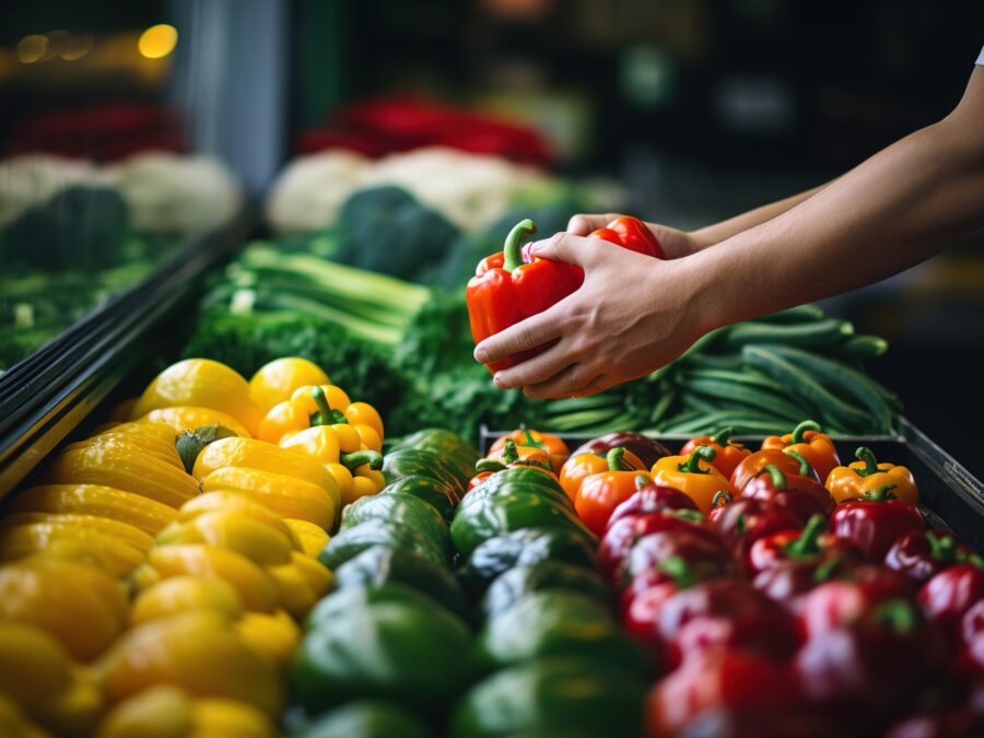 A person picks up bell peppers in a grocery store. Learn how Whole Foods expanded into the UK market at reCONNECT 2023.