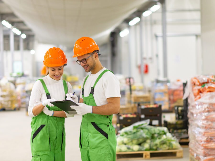Young people in protective uniform working at organic food distribution.