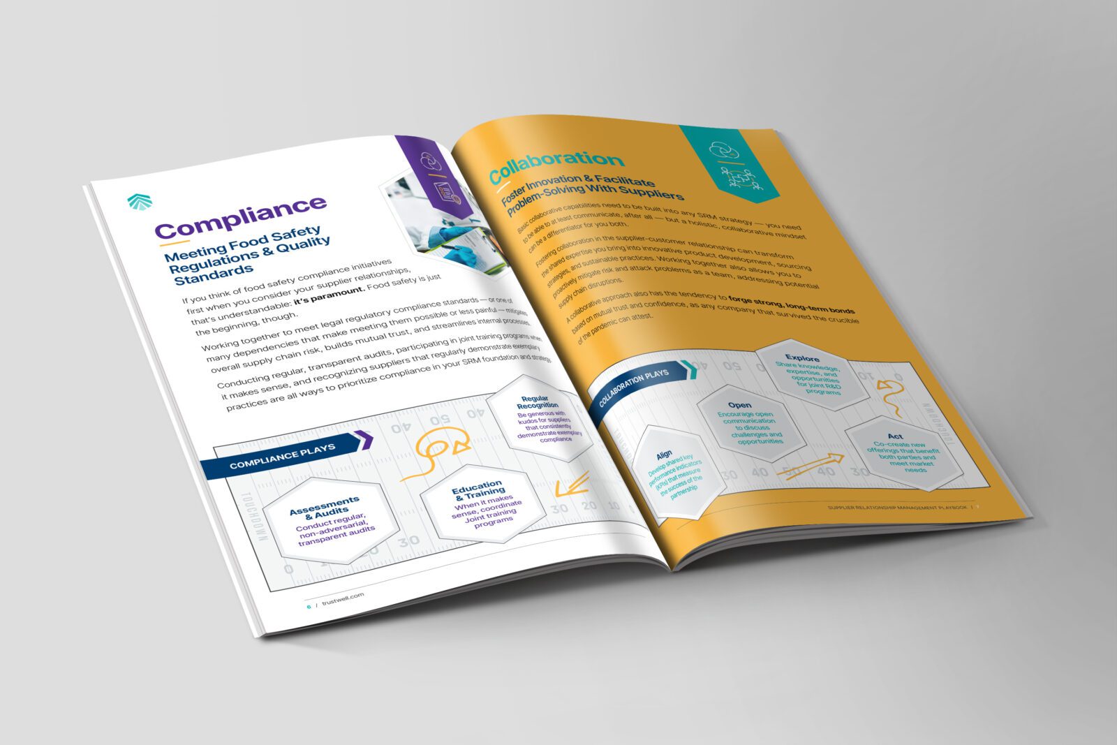 Open magazine spread showing "Compliance" and "Collaboration" articles with diagrams outlining key strategies and action steps.