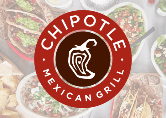 The Chipotle Mexican Grill logo, featuring a stylized chili pepper, over a blurred background of tacos, burrito bowls, and chips.