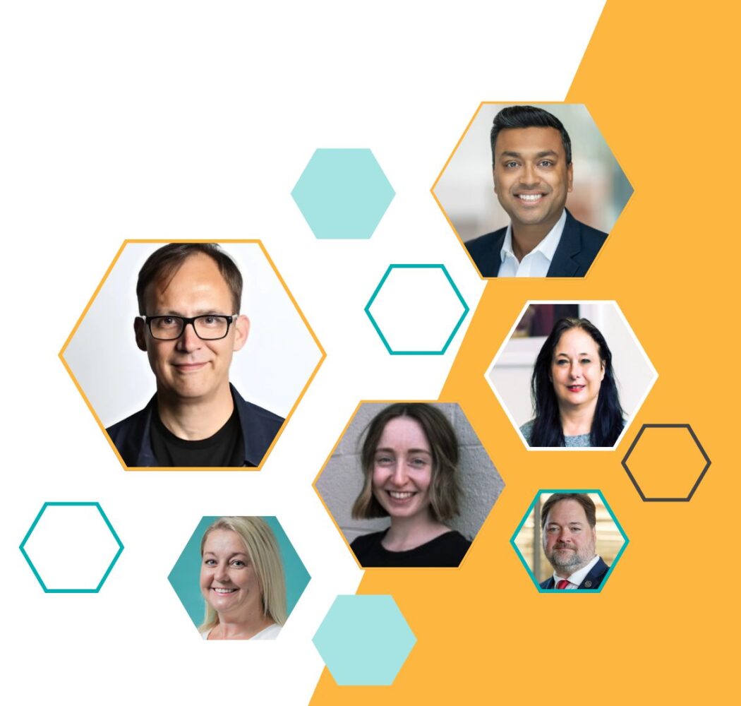 Six featured food and beverage industry experts displayed in hexagonal frames on a white and yellow background, arranged in a creative, modern layout.