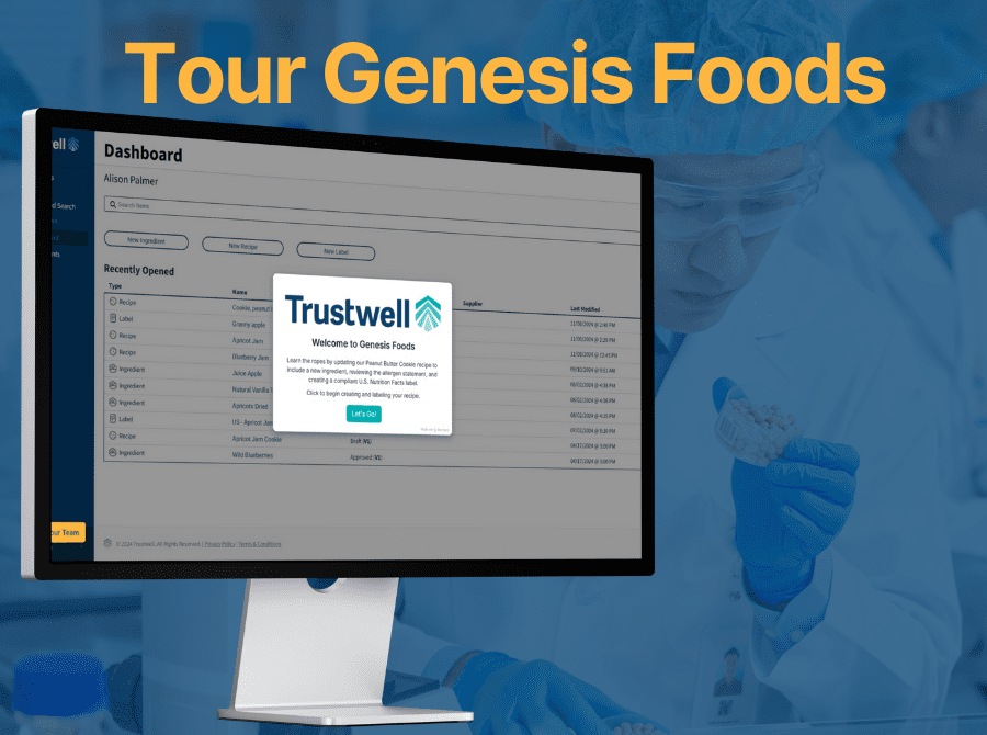 Screen with Genesis Foods dashboard featuring ingredient and recipe listings, shown in a lab setting with technician.