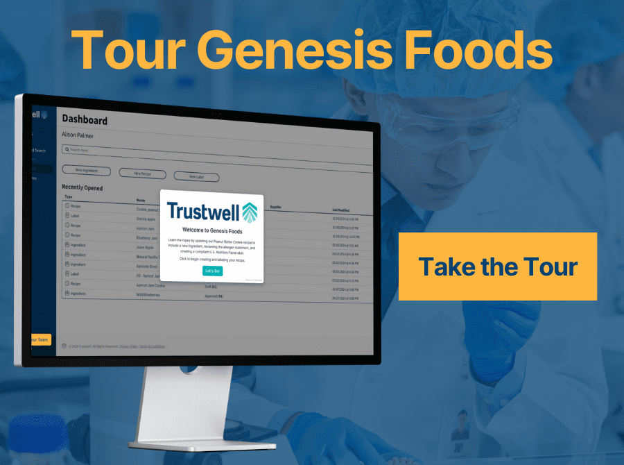 A computer screen displays the Genesis Foods dashboard with Trustwell branding, set against a background of food scientists in a lab. Text reads "Take the Tour."