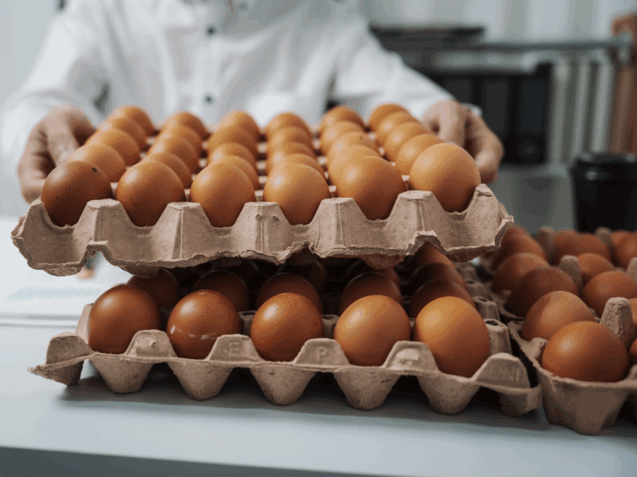Person handling stacked trays of brown eggs during a food safety compliance check in a clean inspection environment