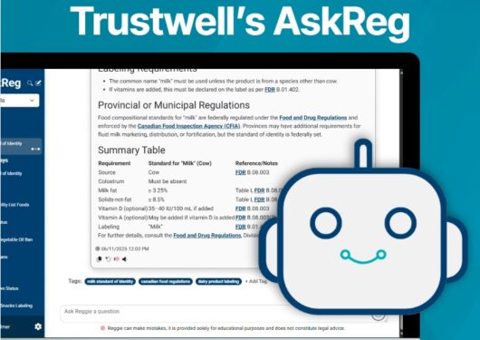 Screenshot of Trustwell’s AskReg tool showing food labeling rules with a smiling robot icon on a blue background