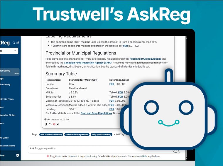 Screenshot of Trustwell’s AskReg tool showing food labeling rules with a smiling robot icon on a blue background