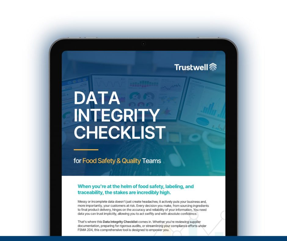 Tablet screen displaying Trustwell’s Data Integrity Checklist for food safety and quality teams, with charts and graphs in the background.
