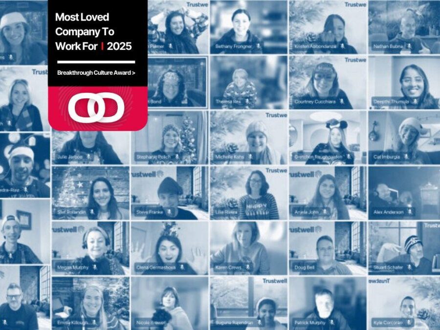 Team Trustwell celebrates winning 2025 Most Loved Company award via virtual meeting with festive, joyful employee portraits.
