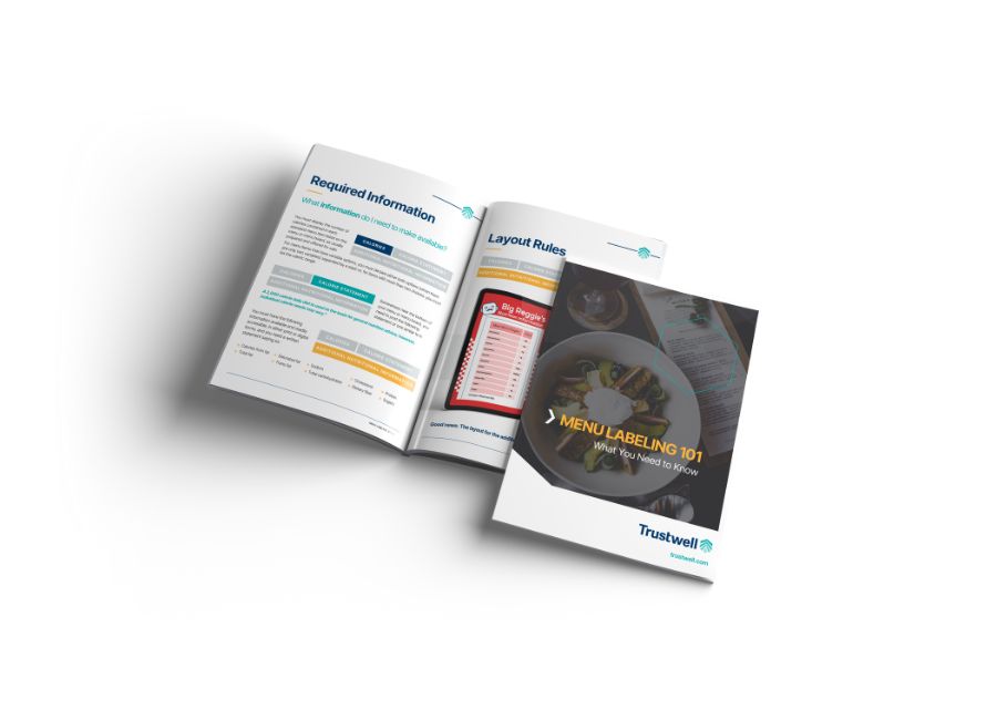 Trustwell's Menu Labeling 101 eBook open to a page showing what information to include on a food menu and how to format the information.