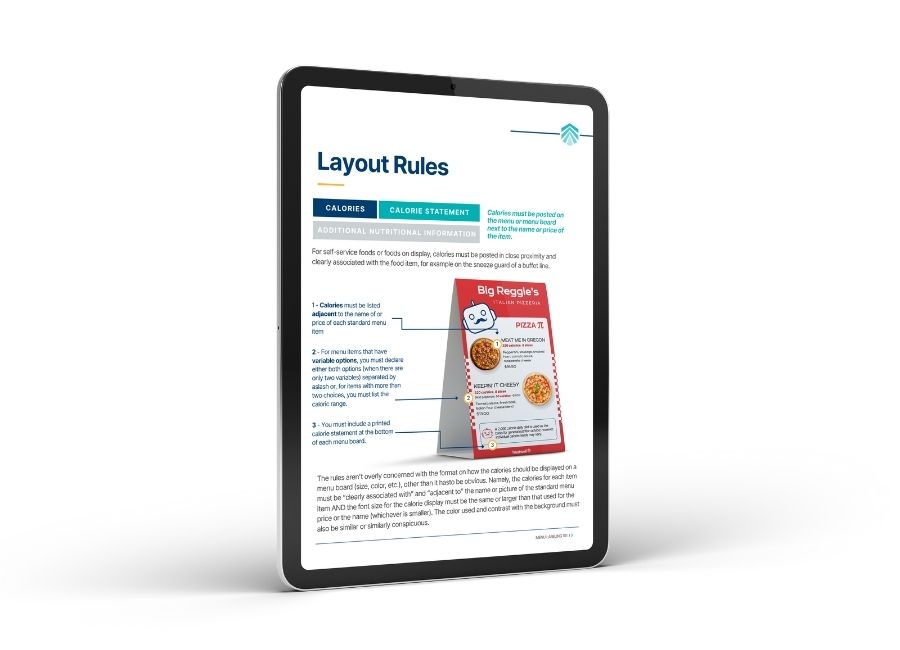Tablet screen showing layout rules for menu labeling with calorie information and a sample pizza menu labeling display.