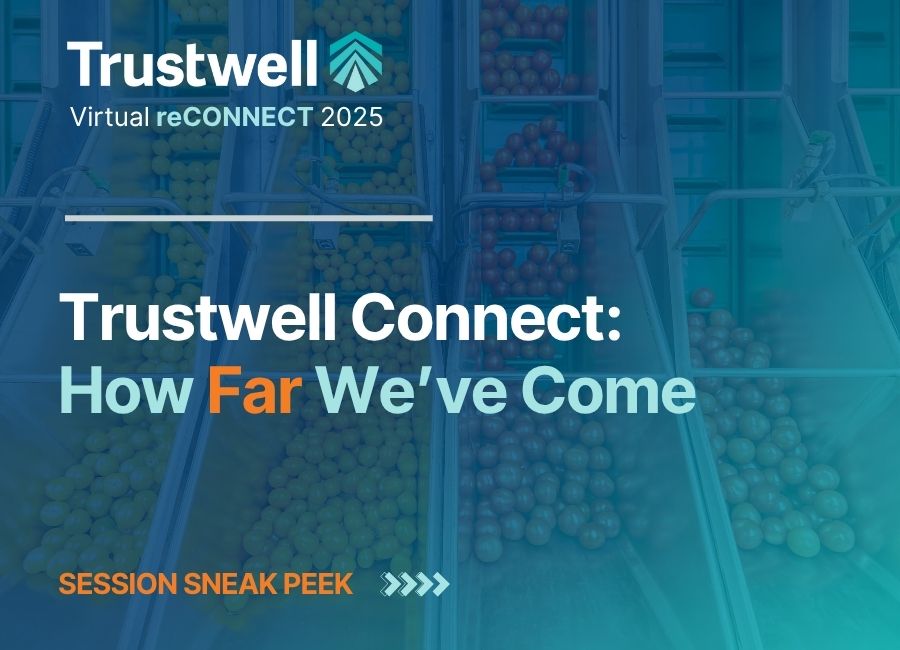 Promotional graphic for live showcase session during Virtual reCONNECT that provides and overview for Trustwell Connect updates and product roadmap for 2026 and beyond
