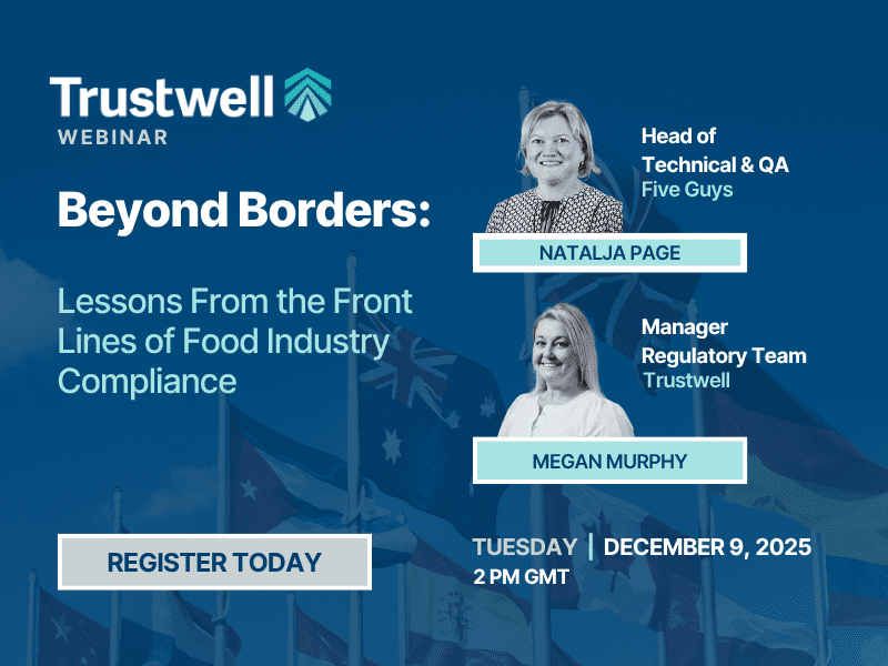 Webinar promo with speakers Natalja Page and Megan Murphy discussing global food compliance, hosted by Trustwell on December 9, 2025.