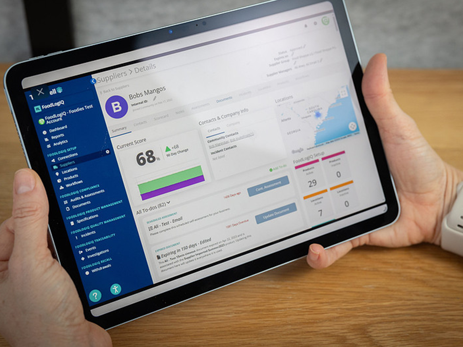 A tablet displaying the supplier scorecard of a company called Bob's Mangoes in FoodLogiQ