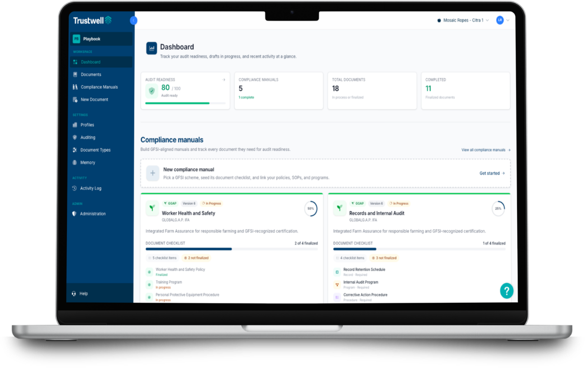 A silver laptop open to the dashboard view of AI-powered food safety documentation builder in Playbook